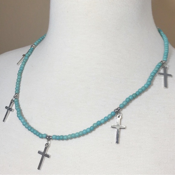 Imitation Turquoise Stretch Wrap Cross Dangle Charm Bracelet or Necklace - Picture 3 of 4